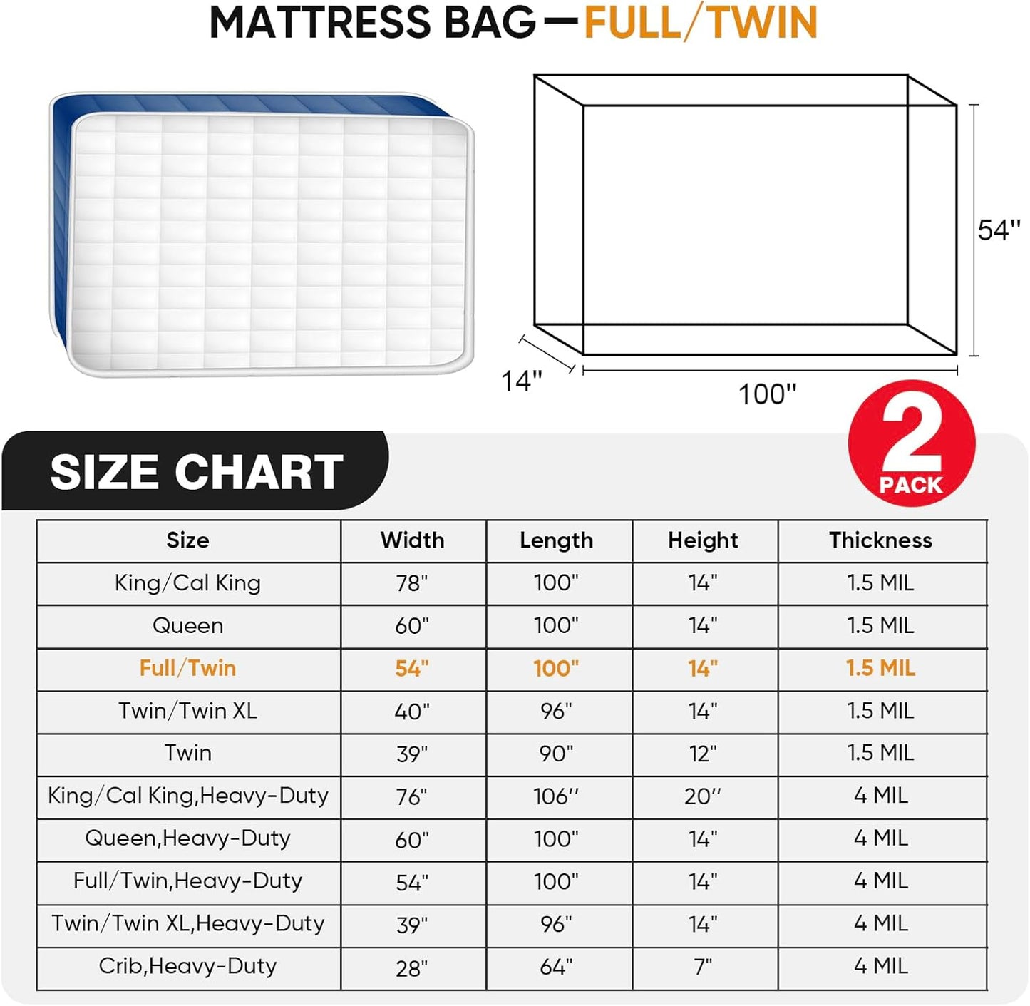 Skiennix Twin/Full Mattress Bags - Waterproof Plastic Covers for Moving & Storage | 2-Pack