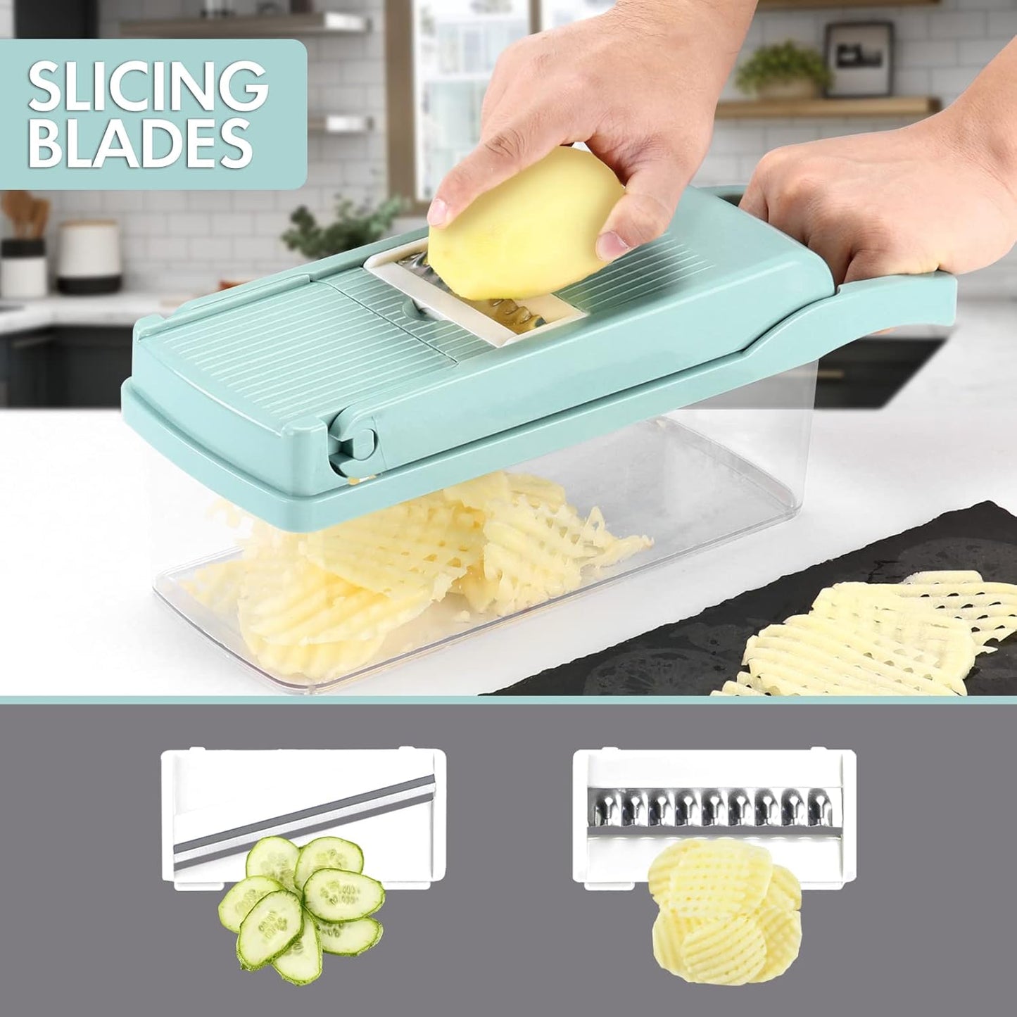 Ourokhome Vegetable Chopper - 12-in-1 Professional Mandoline Slicer with 8 Blades & Strainer Basket - Blue