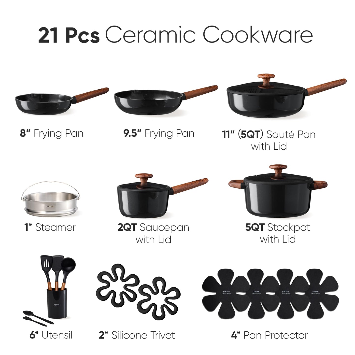 CAROTE 21pcs Cookware Set Nonstick Pots and Pans Set, Ceramic Cookware Set Induction Cookware, Non toxic Healthy Non Stick Kitchen Cooking Set, PFAS PTFE Free, Black