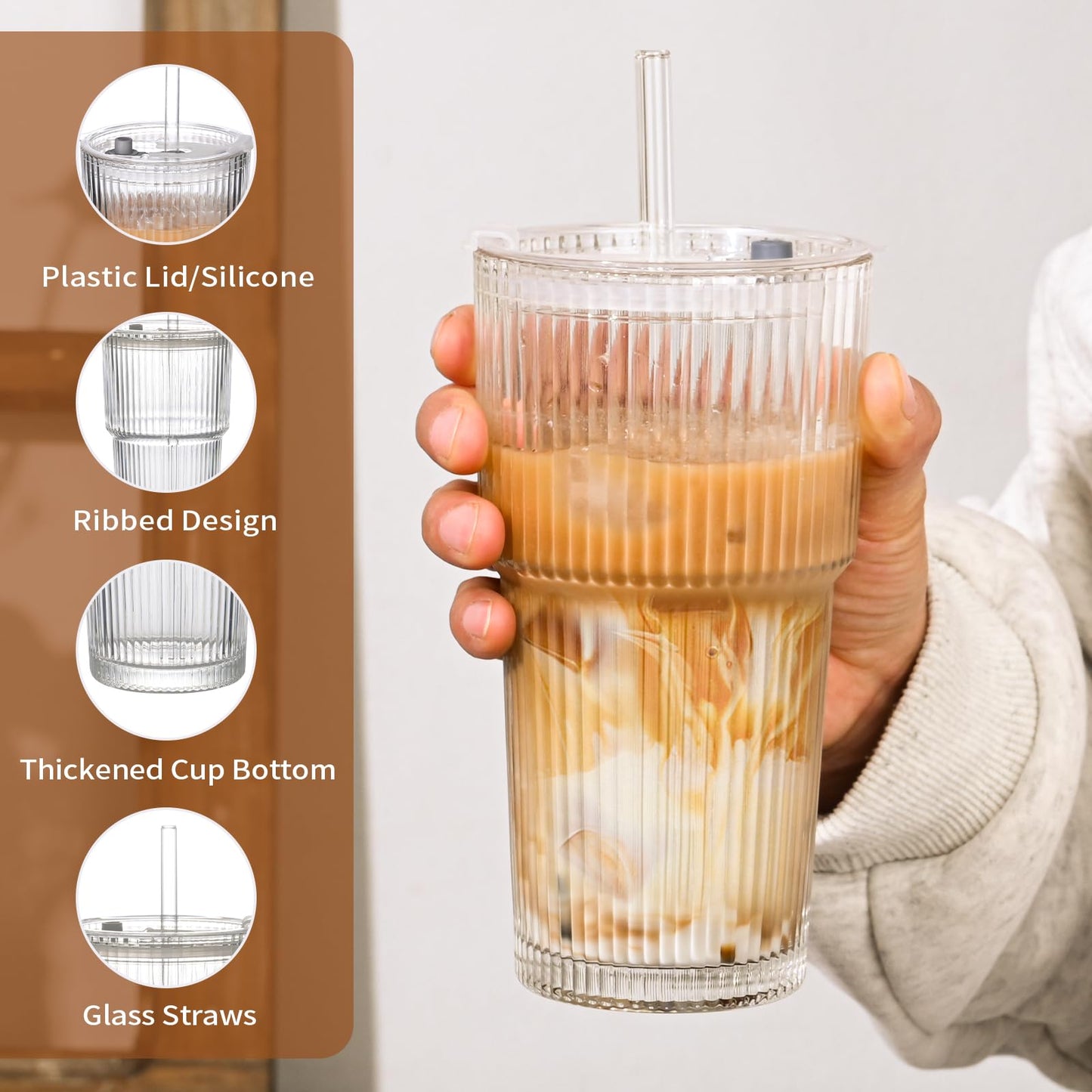 AUFXKOO 20oz Ribbed Glass Cups with Lids and Straws,1PCS Glass Tumbler with Straw and Lid,Iced Coffee Cups Drinking Glasses for Juice Whiskey Cocktail Beer