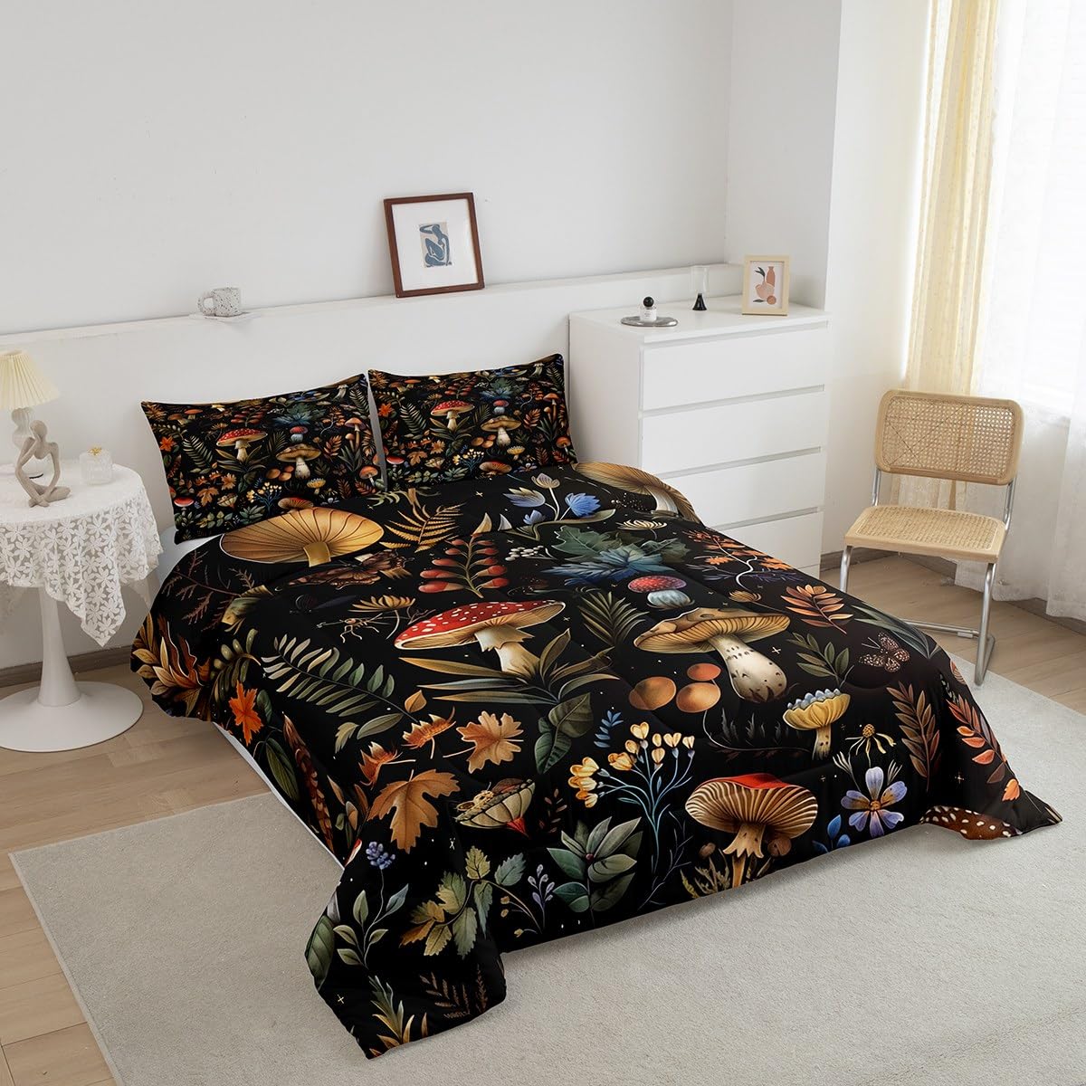 Feelyou Wild Mushroom Bed Comforters Set Twin Size,Burgundy Plant Fallen Leaves Super Soft Microfiber Bedding Set for Girls Boys,Botanical Plant Decorative Comforter Set,1 Pillowcase