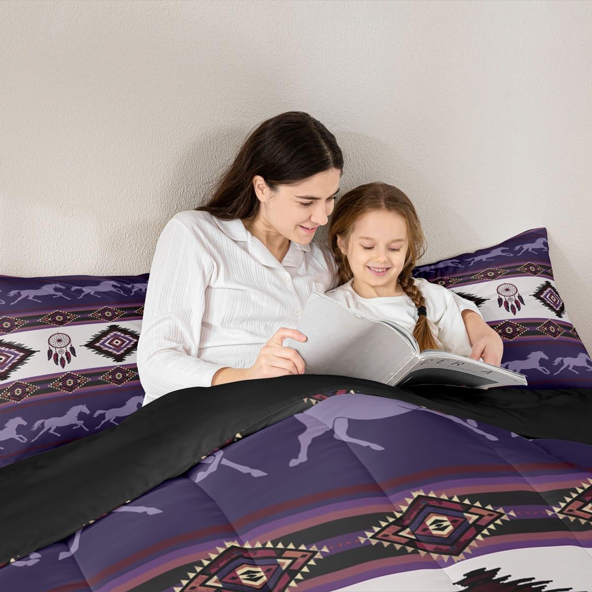 Castle Fairy Boho Aztec Kids Comforter Set Twin Size,Southwest Native Tribal Exotic Reversible Bedding Sets for Teens Bedroom Decor,American Ethnic Purple Horse Quilted Duvet,1 Pillowcase