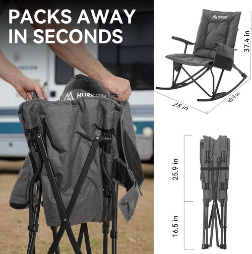 Huskfirm Oversized Rocking Camping Chair - Heavy Duty Folding Design | High Back, Padded Comfort, Supports 400 lbs, Grey