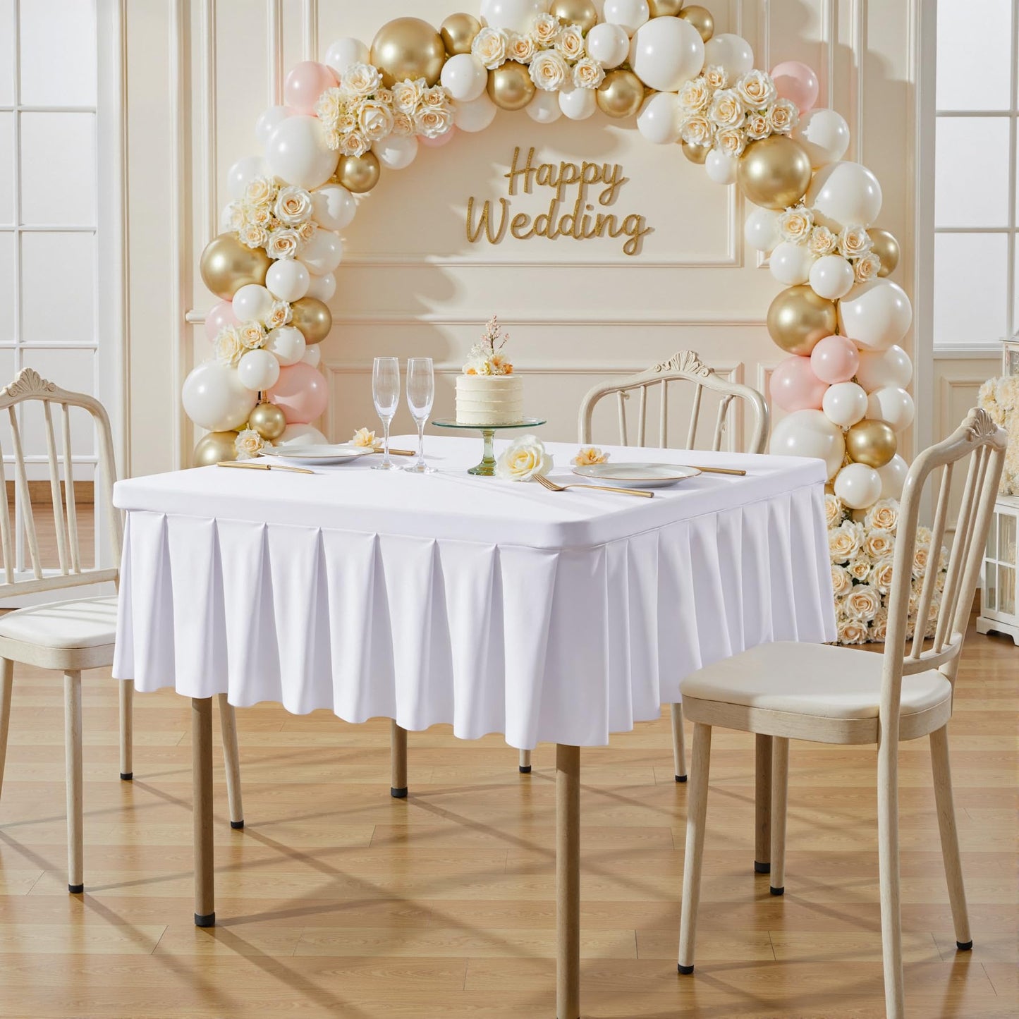 White Spandex Tablecloths for 34x34 Inch Square Tables, Stretch Fitted Table Clothes with Pleated Ruffle Skirt for 34” Table, Wrinkle Free and Elastic, for Party Kitchen Home Dining Outdoor Patio