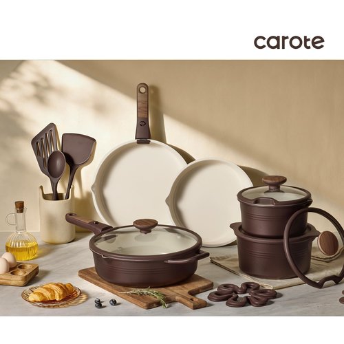 CAROTE 22Pcs Titanium Cookware Set, Pots and Pans Set Non Stick, Kitchen Cooking Set with Detachable Handle, Non Toxic Induction Cookware, Dishwasher/Oven Safe, Browm