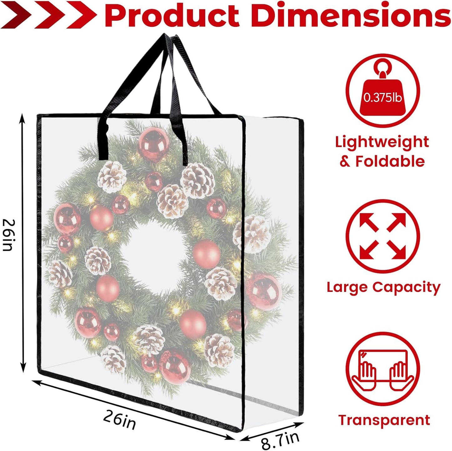 Regine Switzerland Wreath Storage Bag - 26 Inch Clear Container for Christmas Decorations | 5 Pack