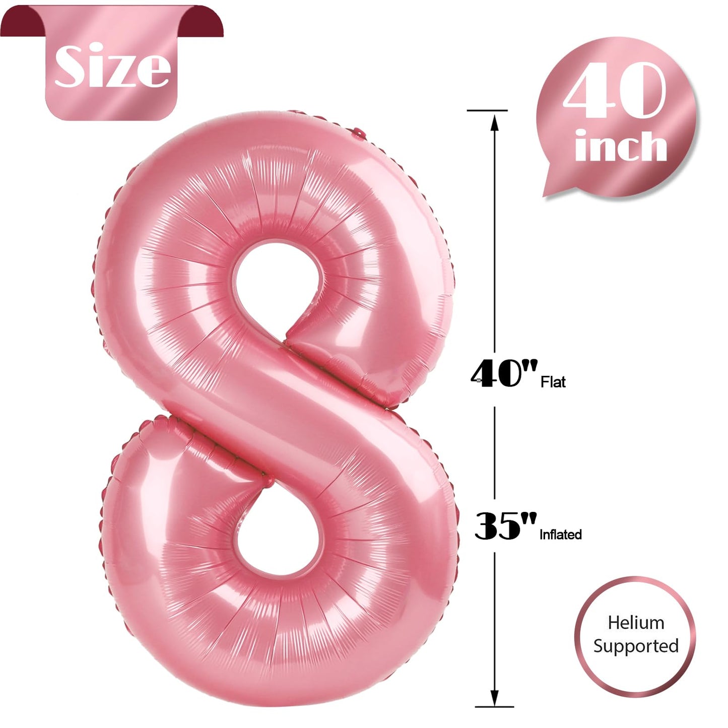 Pearlescent Pink Number 8 Balloon 40 Inch, 8th Birthday Party Decorations for Children, Giant 8 Foil Balloon for Party Supplies