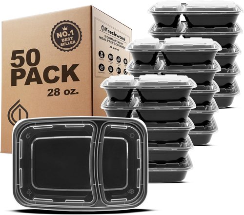 Freshware Meal Prep Containers - 50 Count | 2 Compartment Bento Boxes, BPA Free, Stackable, 28 oz