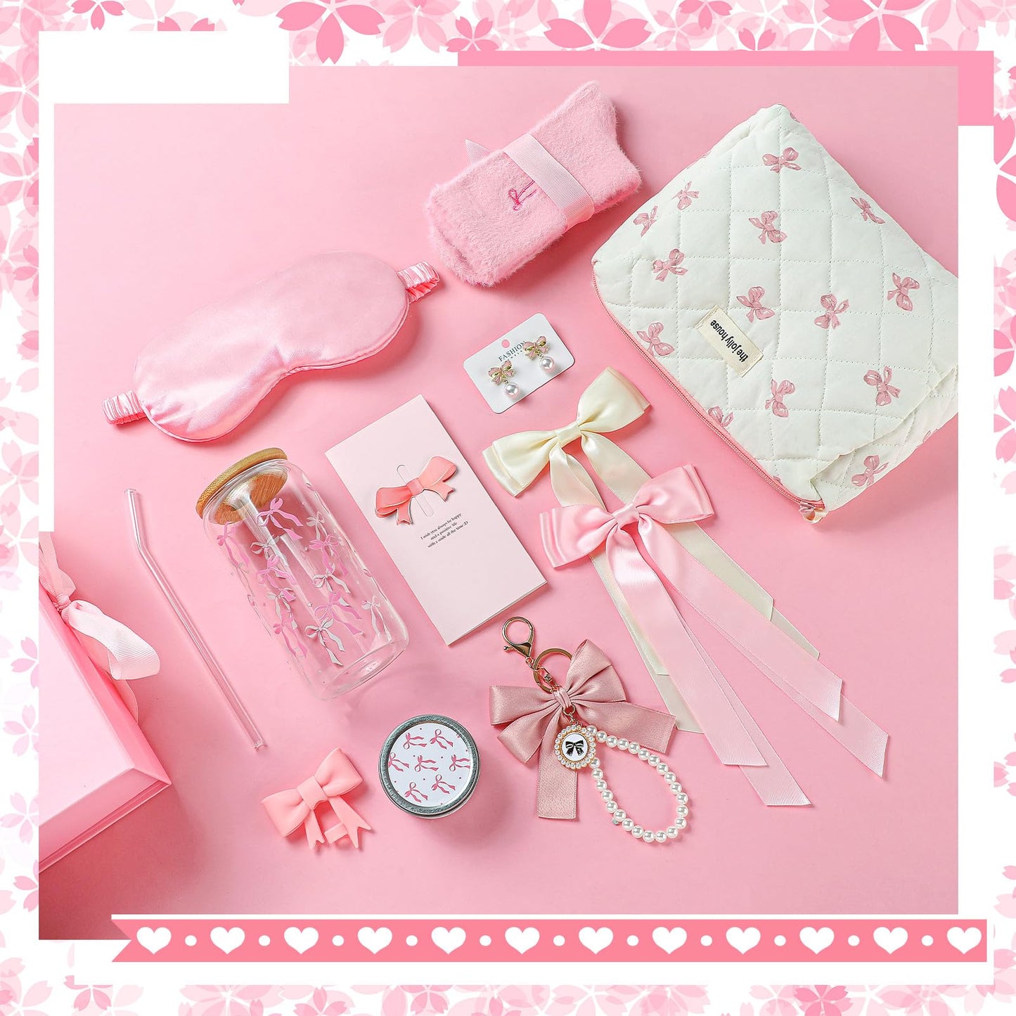 Skylety Pink Bow Gift Baskets for Teen Girls, Women Mothers Day Gifts Trendy Stuff Coquette Bow Teen Girl Birthday Self Care Box Gift for Her, Sister Friend Women Sweet 16th 18th 21st Box