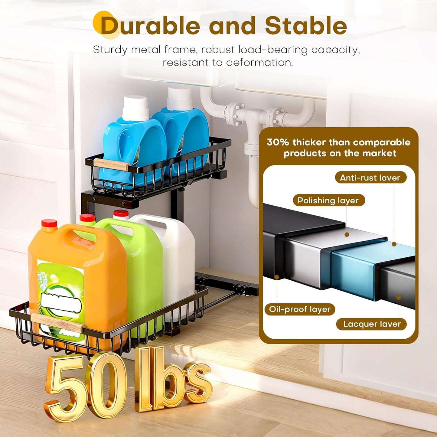 Under Sink Organizer | Heavy-Duty Carbon Steel, Rust-Resistant, 2-Tier Pull-Out Storage, Adjustable Height (13.8" - 16.9"), Black (2PCS)