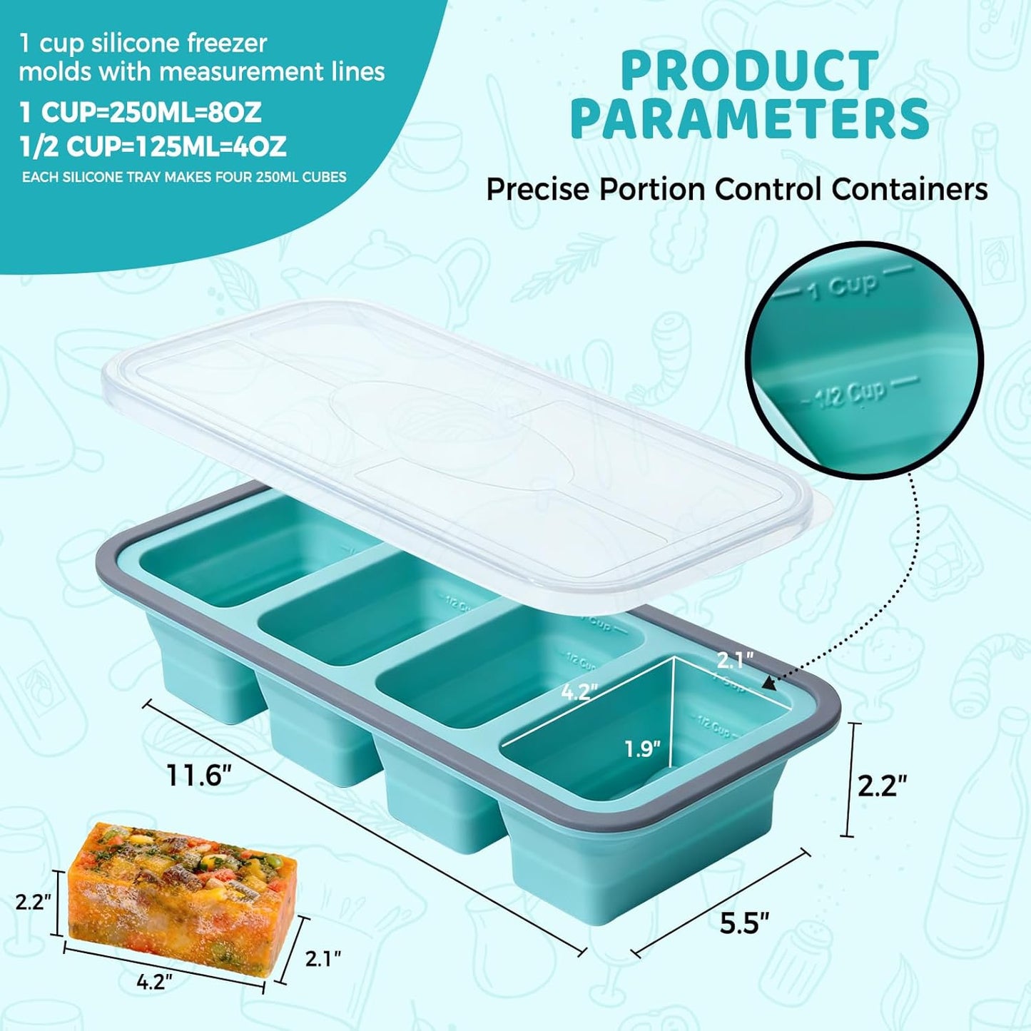 Skiennix Foldable Silicone Freezer Trays - 1-Cup Soup Molds with Lids | BPA-Free, Stackable Meal Prep Containers