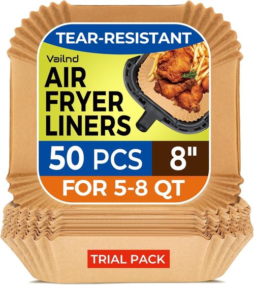 Air Fryer Paper Liners - 50 PCS Disposable Non-Stick Parchment for 5-8 QT Air Fryers | 8" Square Baking Liners