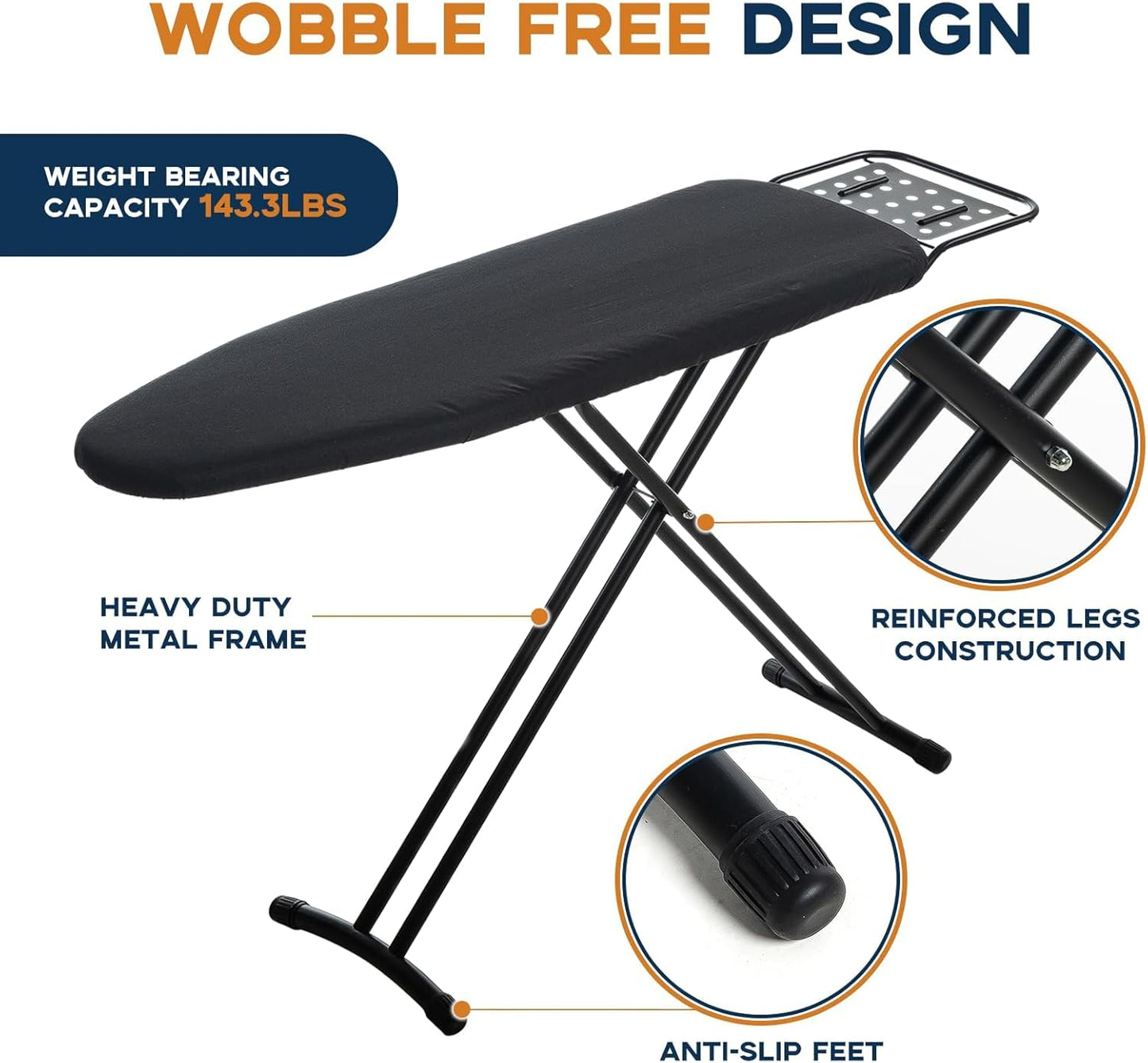RAINHOL Heavy Duty Ironing Board - 54"x13" Compact Design with Heat Resistant Cover & Adjustable Height | Black