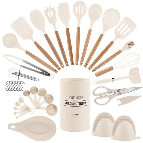 Country Kitchen Non Stick Silicone Utensil Set with Rounded Wood Handles for Cooking and Baking, 38 Piece Set, Khaki