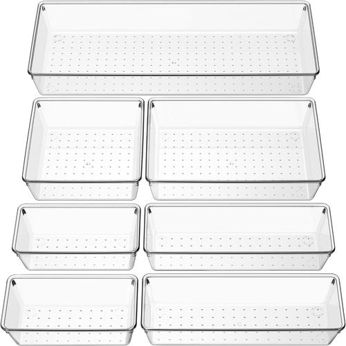 Criusia Clear Drawer Organizer Set - 7 Versatile Plastic Trays for Kitchen & Bathroom Storage