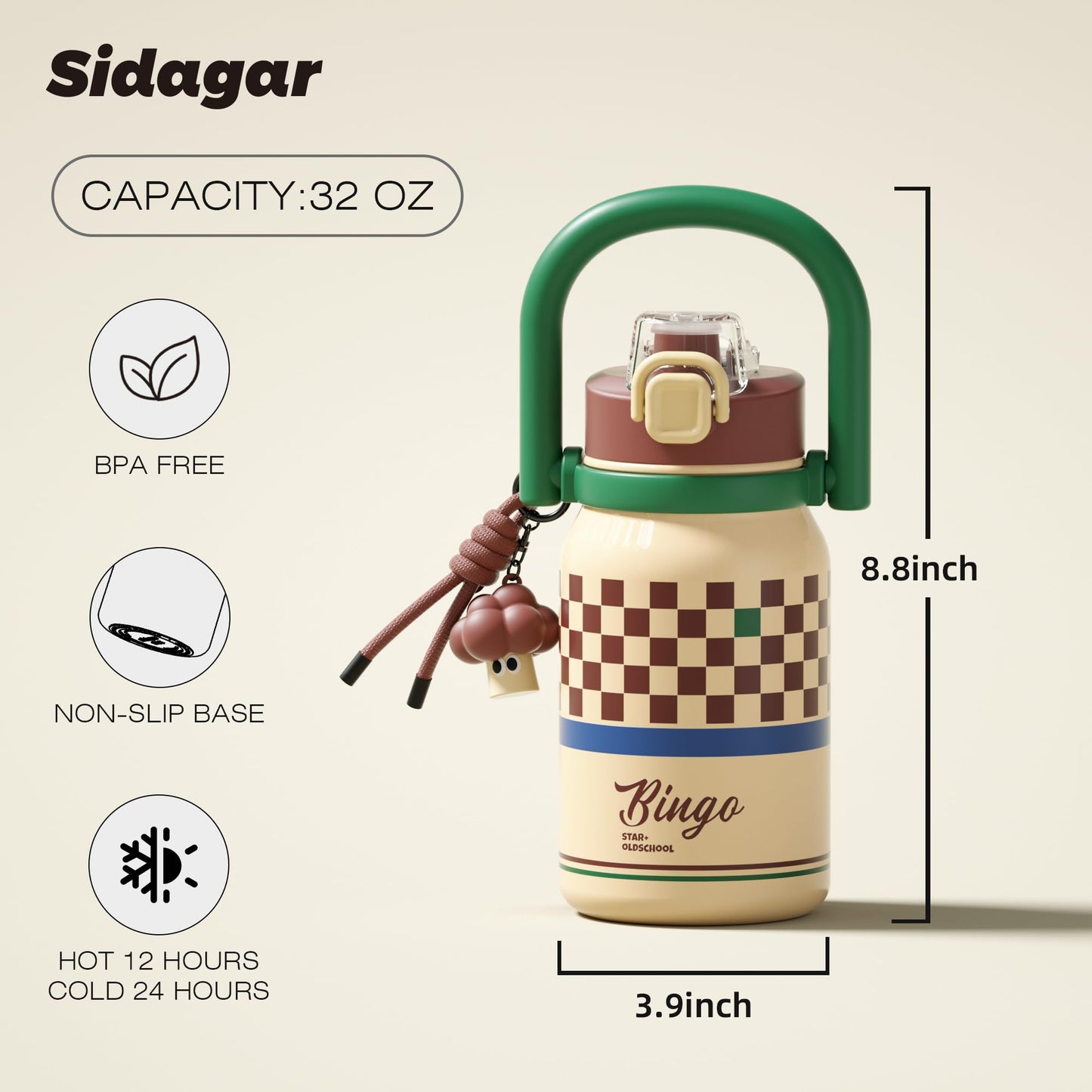 Sidagar 32 oz Insulated Water Bottle for Women with Straw & Handle, 316L Medical Grade Stainless Steel Vacuum Tumbler, Beach Vacation Essentials, Aesthetic Fashion Gift for Her, Preppy Cream Yellow