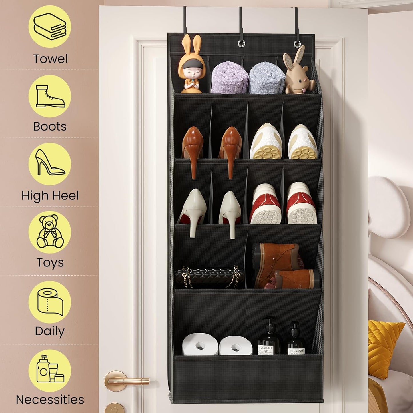 Over The Door Shoe Organizer by [Brand Name] - 18 Pairs Capacity with Large Breathable Pockets | Black