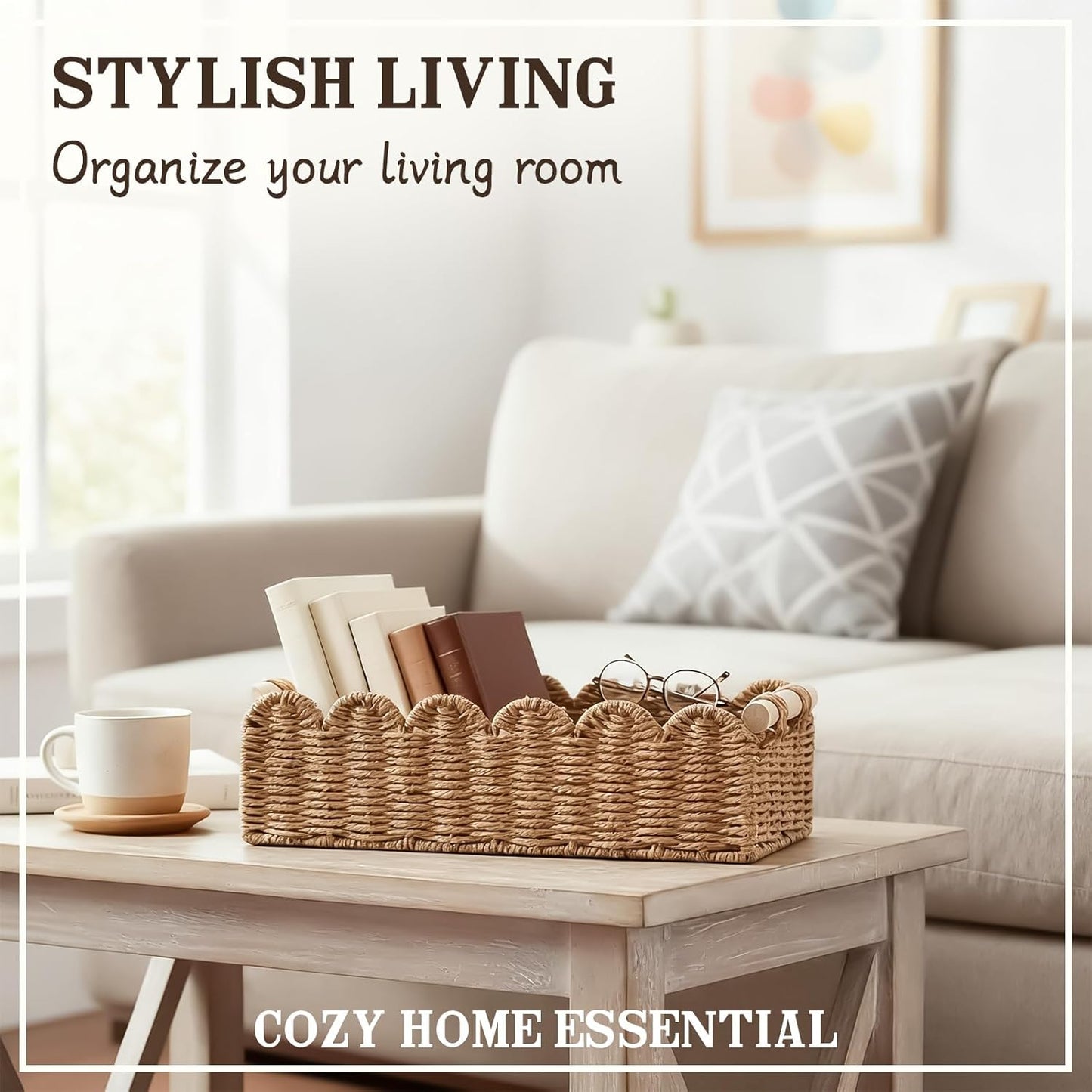 Skiennix Scalloped Edge Toilet Paper Storage Basket - Upgraded Design for Living Room & Bedroom | Neutral Color with 2 Wooden Handles
