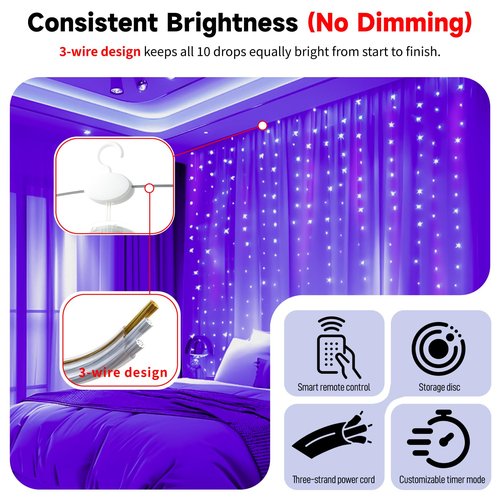 HXWEIYE 300LED Untangled Curtain Lights, 9.8x9.8Ft USB Fairy Twinkle String Lights with Remote and DIY Timer, 8 Modes Window Wall Hanging Light for Bedroom Dorm Backdrop Room Decor, Purple