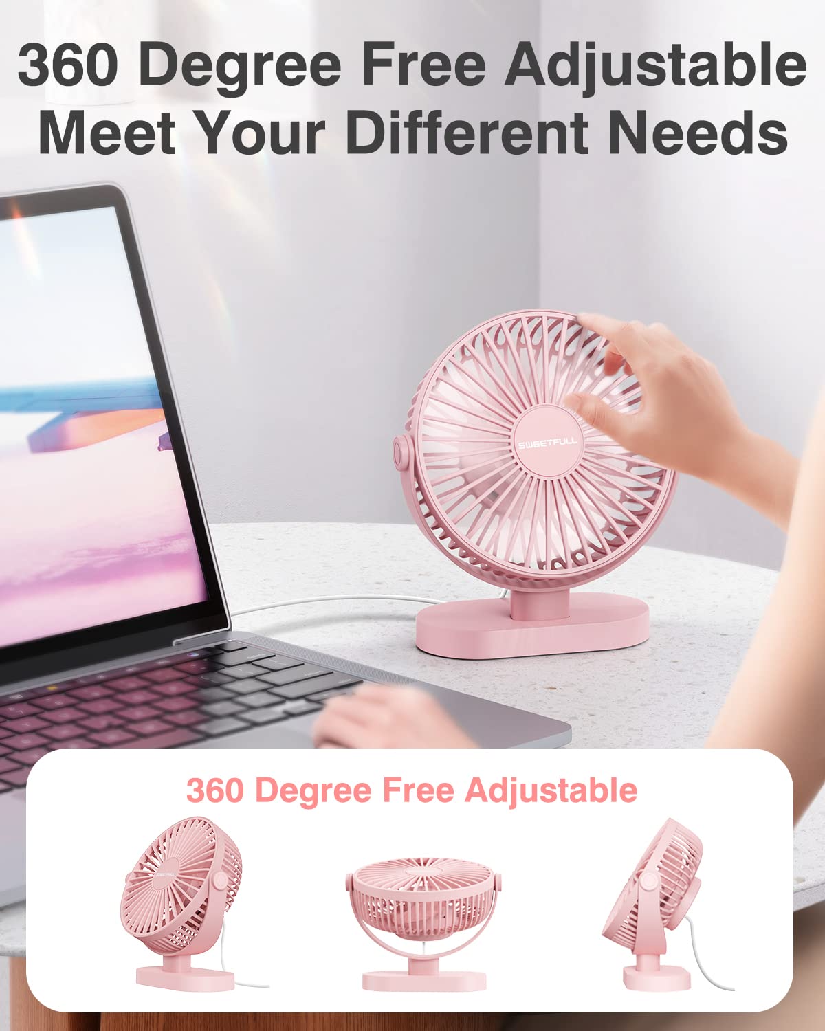SWEETFULL Desk Fan USB Small Fan, 3 Speeds Portable Fan, 360° Rotate Personal Desktop Table Fan, Mini Fan Quiet Operation, for Home Office Car Outdoor Travel (Pink)