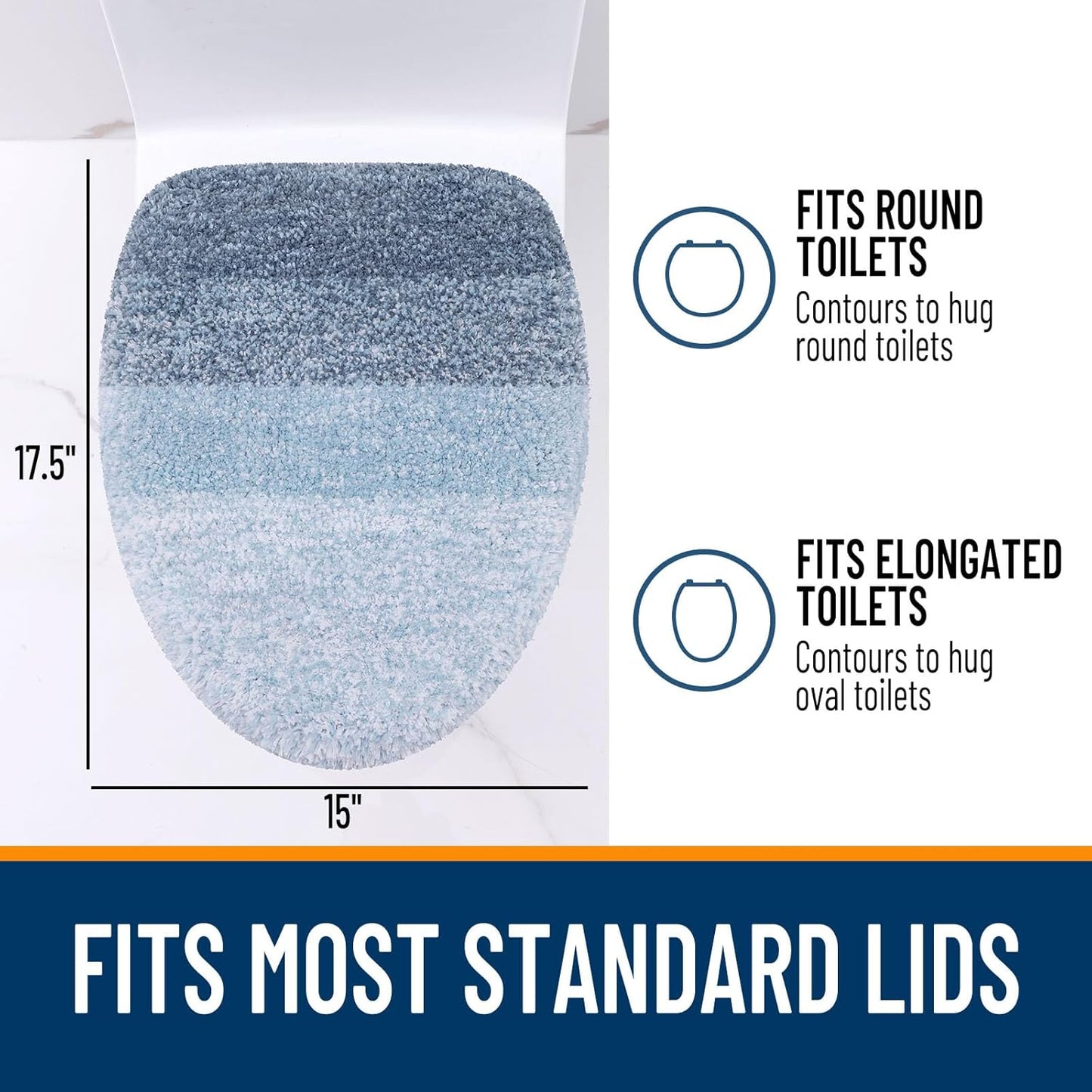 OLANLY Soft Microfiber Toilet Lid Cover - Machine Washable, Non-Slip Rubber Backing, Blue, 17.5x15