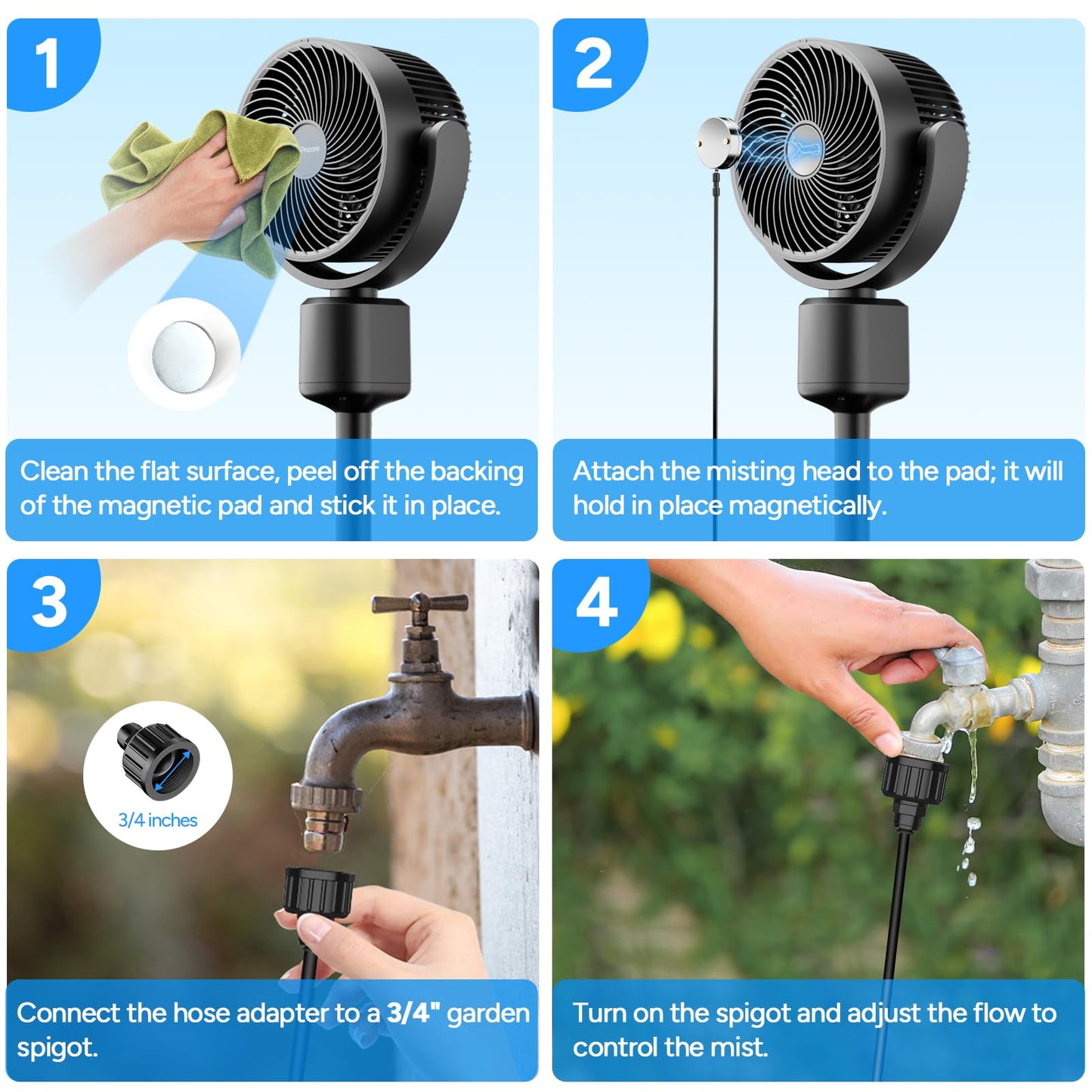 DR.PREPARE Compact Misting Pedestal Fan with Magnetic Mister, Quiet Air Circulator Standing Fan, 16-34" Adj. Height, 70°Auto-Oscillation, 90° Up+10° Down Tilt, 3 Speeds for Small‑Medium Patio Backyard