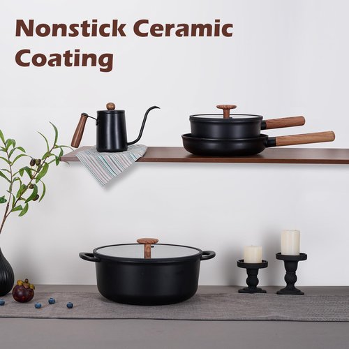 JEETEE Ceramic Cookware Sets 17 pcs, Healthy Pots and Pans Set Non Stick, Induction Kitchen Cooking Set with Removable Handles, Stackable Pots Pans, Oven Safe, PFOA/PFOS Free, Black
