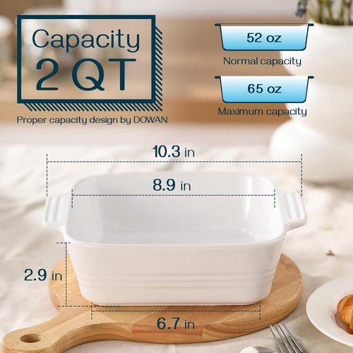 DOWAN 8x8 Ceramic Baking Dish - Versatile Square Casserole Pan with Handle | 2 Quart, Bright White