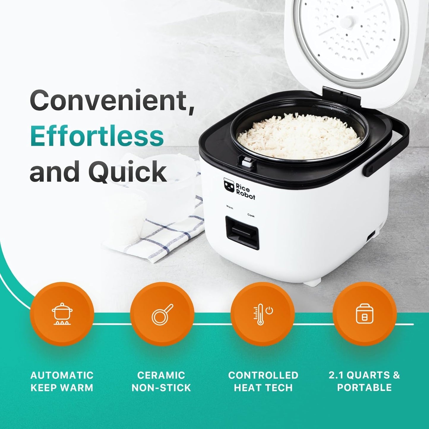 Rice Robot Rice Cooker - 4-Cup Uncooked (8 Cups Cooked) Electric Rice Maker | PFAS-Free Ceramic Nonstick
