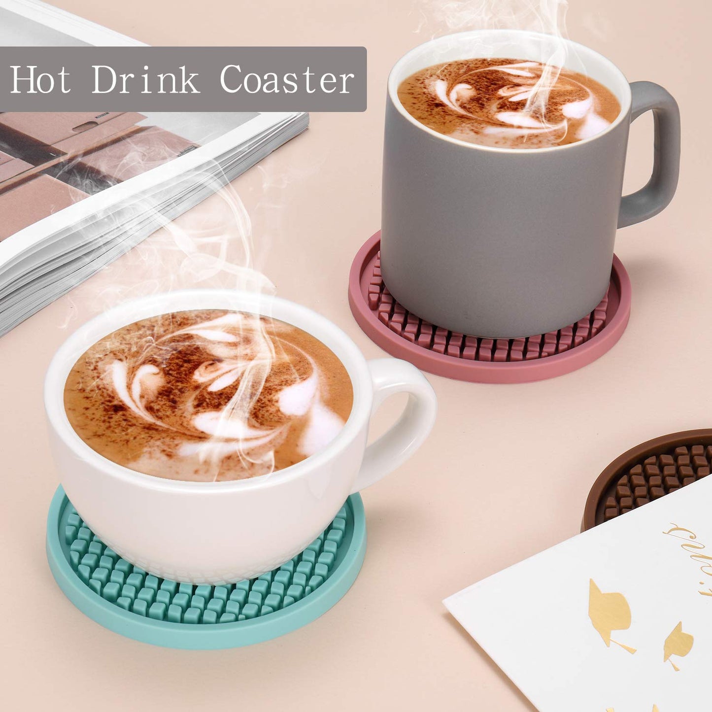 ME.FAN Silicone Coasters [6 Pack] Thickened Drink Coasters with Holder - Cup Mat - Non-Slip, Non-stick, Stay Put, Deep Tray - Prevents Furniture and Tabletop Damages