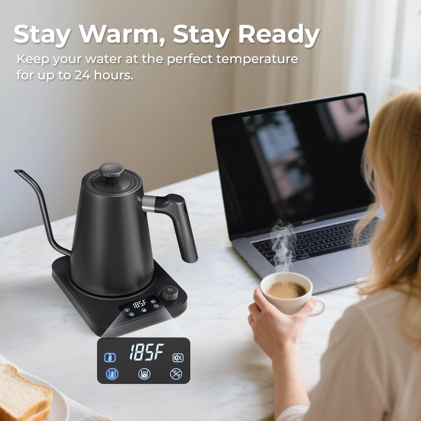 AGORVIO Gooseneck Electric Kettle, ±1°F Temperature Control, Smart Altitude Adaptation, 24H Keep Warm, 30-Min Auto Memory, Food Grade Stainless Steel, Pour Over Kettle for Coffee and Tea, 1200W/1.0L