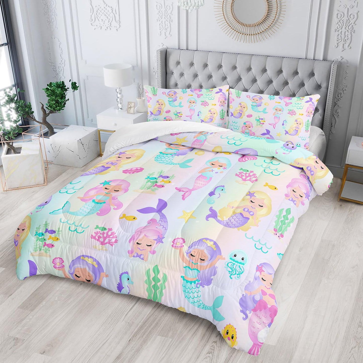 XYNHML Rainbow Mermaid Comforter Set Twin/Full/Queen Size Fairy Tale Sea Shell Grass Bedding Set Starfish Jellyfish Quilt Bed Set for Kid Girls with 1 Comforter and 2 Pillowcases