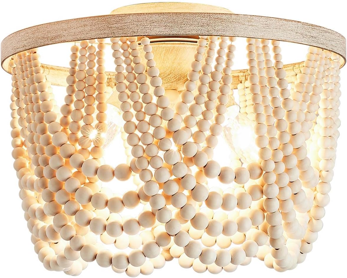 Farmhouse Boho Flush Mount Ceiling Light,3-Light Wood Bead Chandeliers,Black Metal Bohemia Hanging Pendant Lighting,Small Chandelier for Bedroom,Living Room,Entryway,Hallway