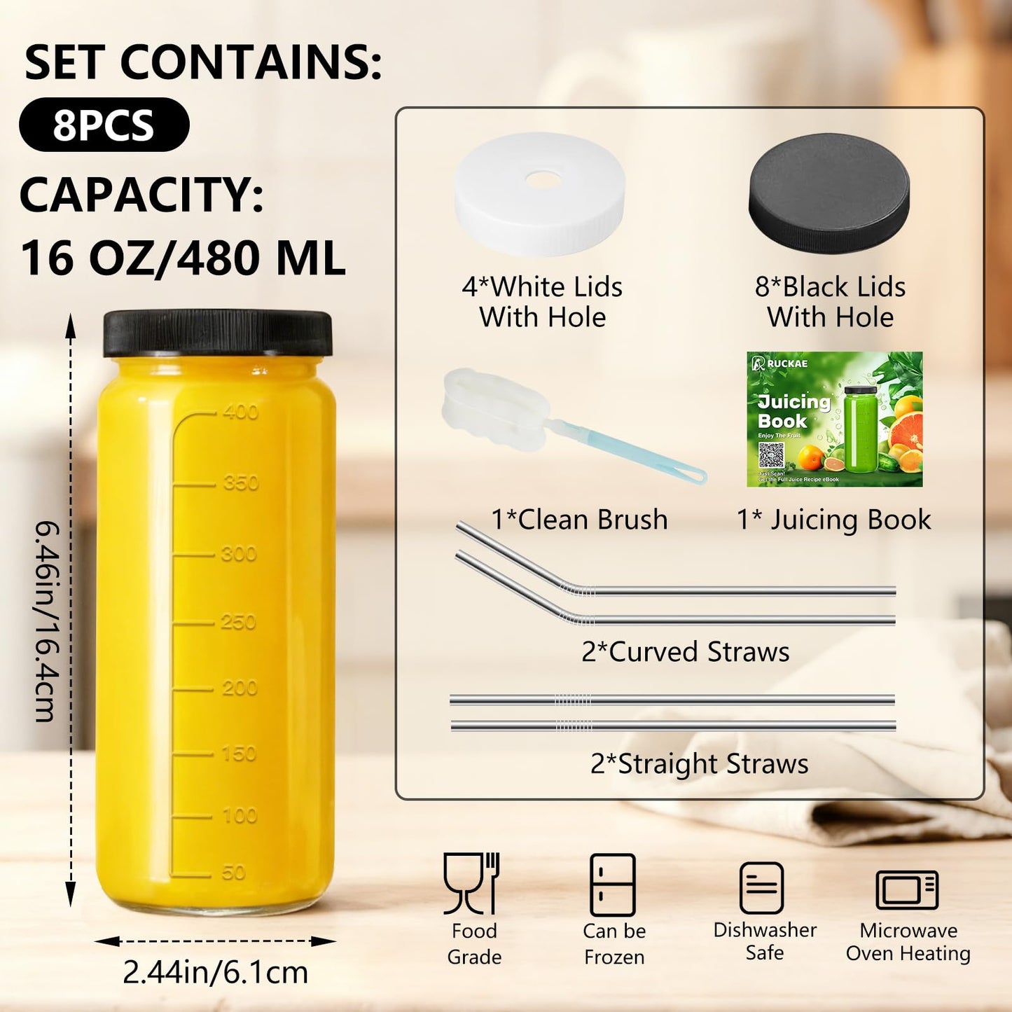 Ruckae 20oz Glass Bottles with Lids,Glass Cups with Lids and Straws,Water Bottle Drinking Glasses for Coffee,Smoothies,Tea,Juice (6, Transparent)