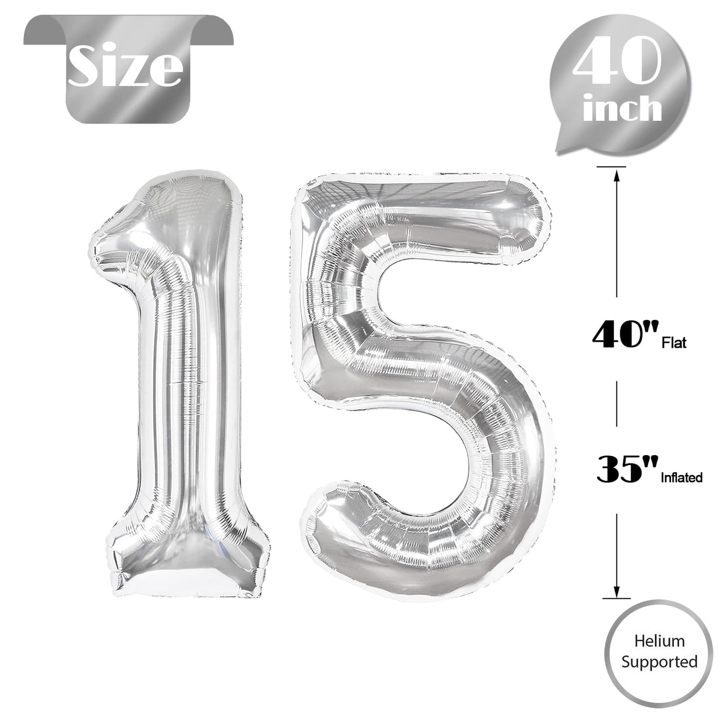 Silver Number 15 Balloon 40 Inch, 15th Birthday Party Decorations for Children, Giant 15 Foil Balloon for Party Supplies