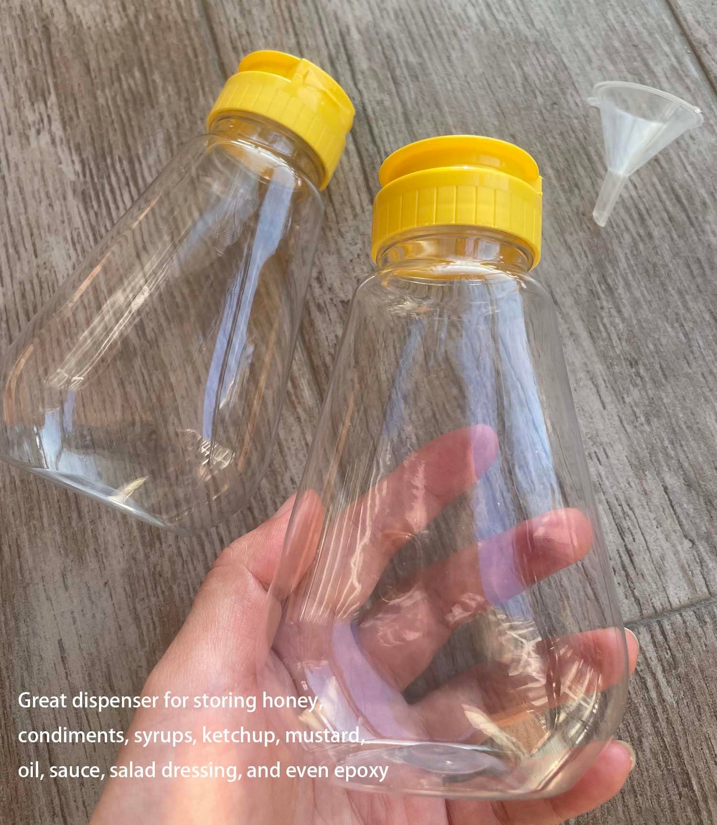 2 Pack Empty Plastic Honey Bottles with Funnel, 200ml Squeeze Honey Jars Leakproof Honey Dispenser Flip Top Condiment Container for Ketchup Mustard Salad Dressing Sauce Syrup Oil Epoxy, BPA Free