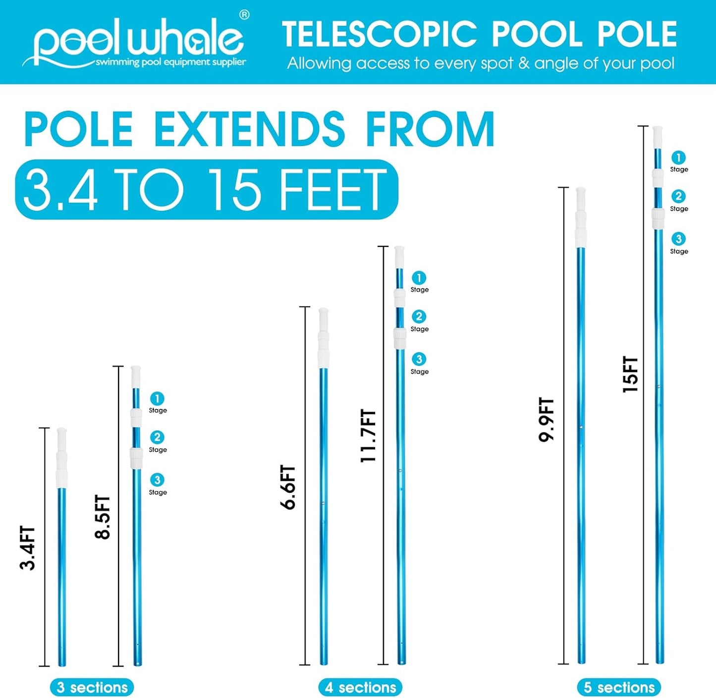 POOLWHALE Premium 15-Foot Telescopic Swimming Pool Pole - Adjustable 3-Piece Blue Aluminum for Skimmer Nets & Vacuums