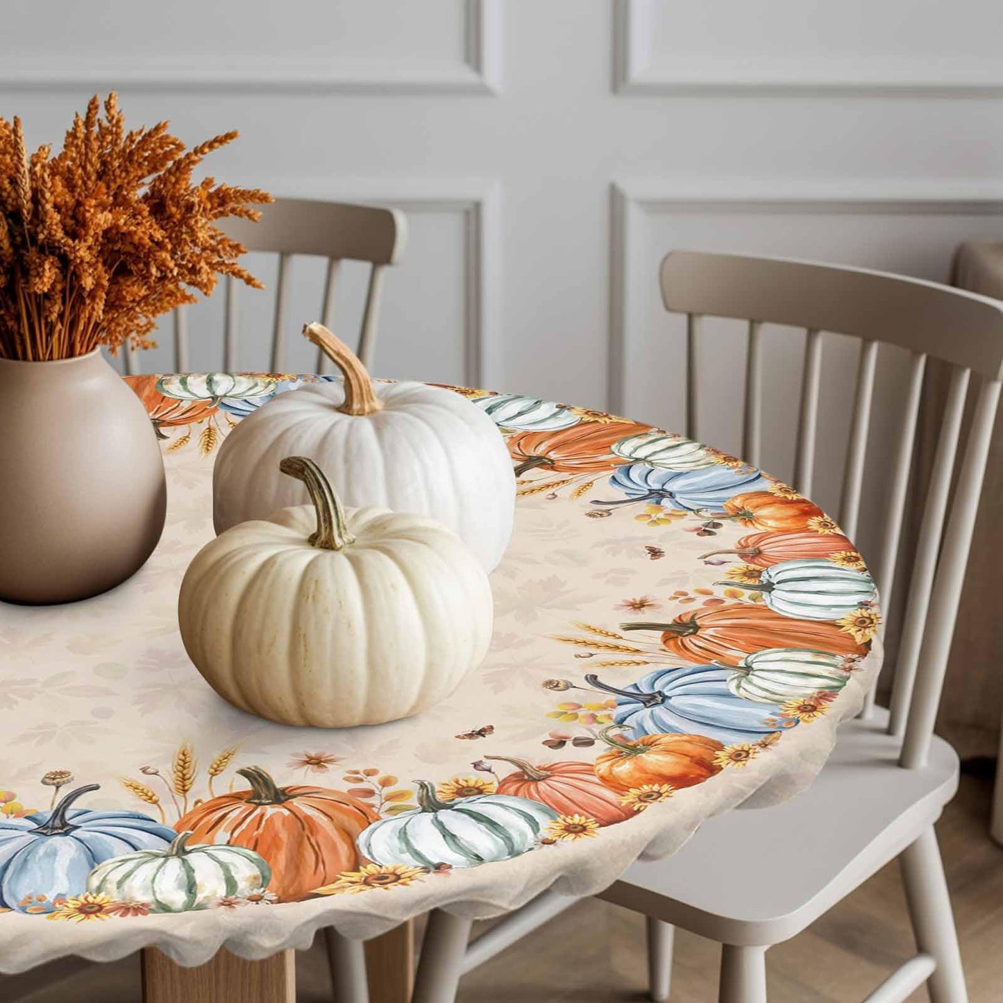 Thanksgiving Round Fitted Tablecloth 45-54inch, Autumn Pumpkin Sunflower Table Cover with Elastic Edged Waterproof Spillproof Table Cloths for Kitchen Dining Patio Holiday Tables, Fall Maple Leaves