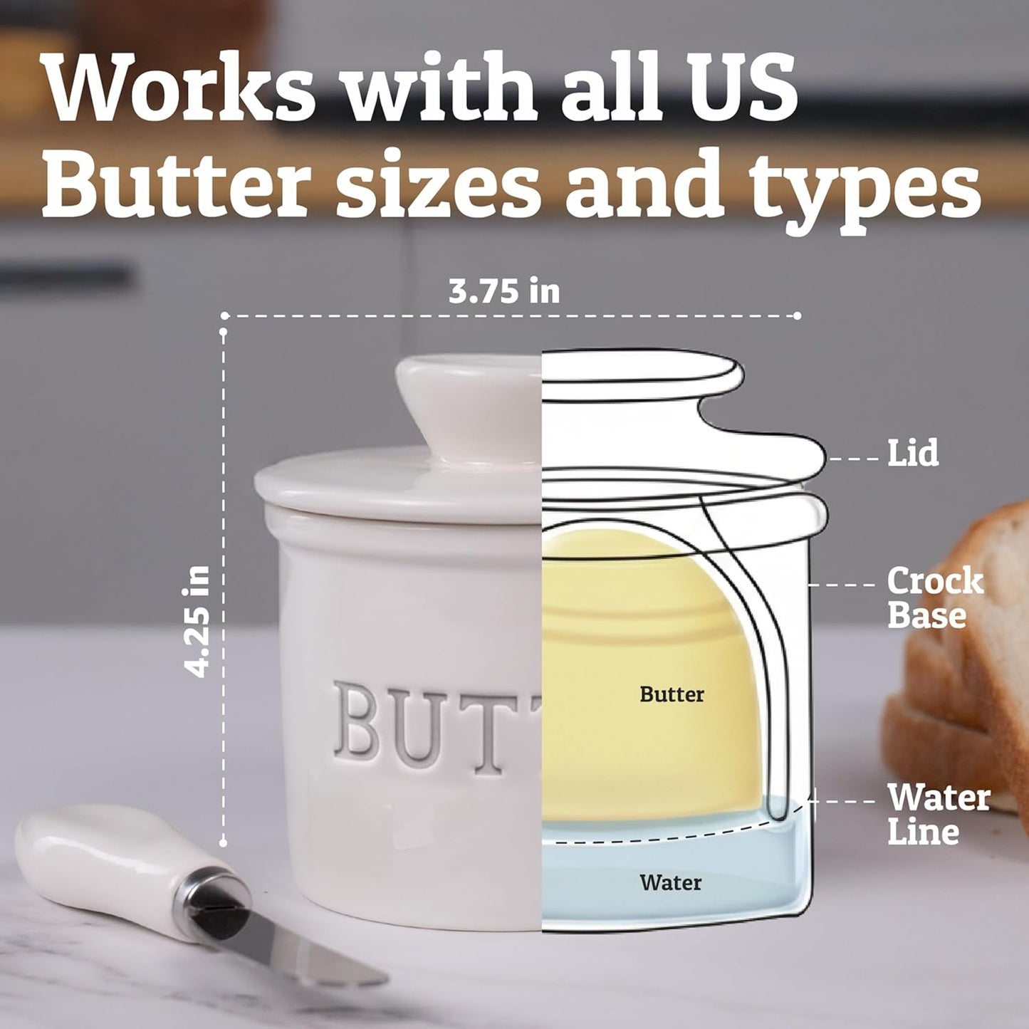 Priority Chef Ceramic Butter Crock with Lid - French Butter Dish with Water Line | White