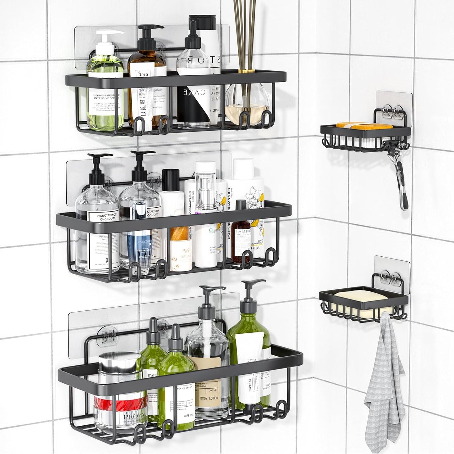 Skiennix Adhesive Shower Caddy - Rustproof Stainless Steel Bathroom Organizer | 5 Pack, Large Capacity, No Drilling, Black