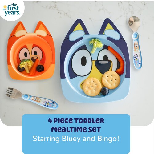 Bluey Kids Dinnerware Set - Suction Plate, Bowl & Stainless Steel Silverware - 4-Piece Feeding Essentials