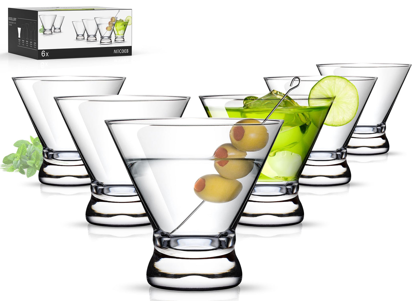 LUNA & MANTHA Martini Glasses Set of 6, Stemless Martini Cocktail Glasses for Margarita, Manhattan, Cosmopolitan, Home Bar, Evening Parties, Birthdays, Housewarming Gift, Crystal Clear 8 OZ