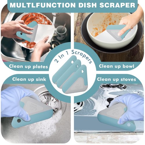 Food Scraper, 2-in-1 Pot and Pan Dish Scraper, Nylon and Silicone, Kitchen Scraper Tools for Cast Iron Skillets, Cookware, Dishes, Pans and Pots, Heat Resistant, Set of 3 - Blue
