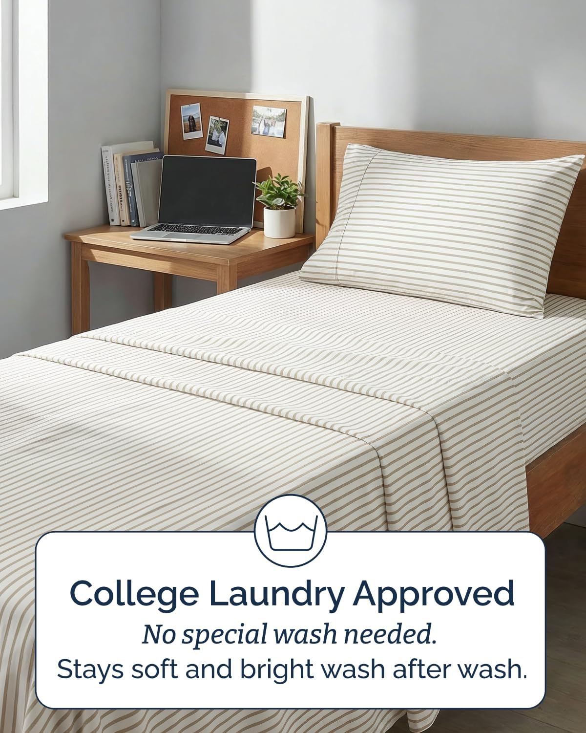 Skiennix Twin XL Sheet Set - Comfy Cooling 3-Piece Bedding - Deep Pocket, Wrinkle-Free, Beige Stripes
