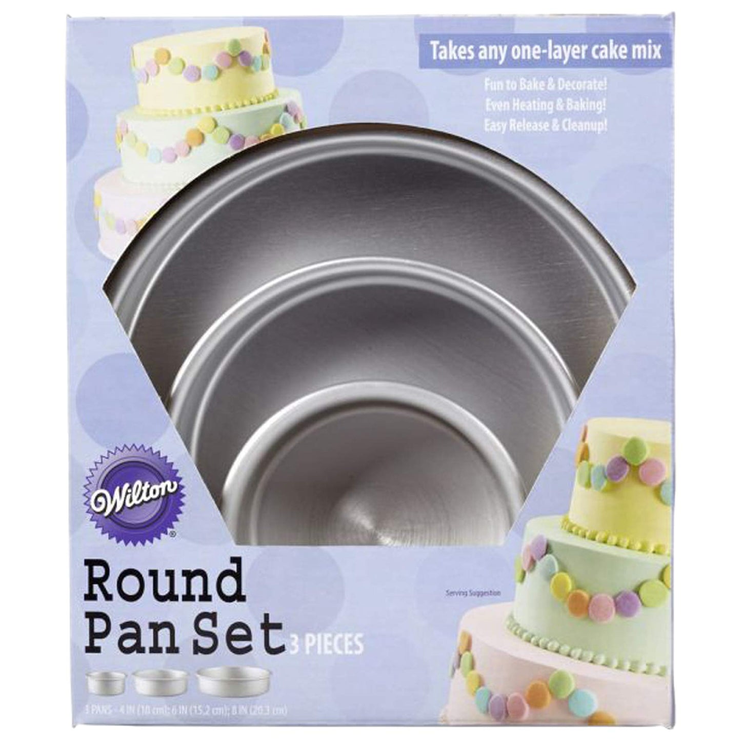 Wilton Aluminum Round Cake Pan Set, 3-Piece for Tiered Cakes, Durable, Even Heating, Rust-Resistant, Professional Bakeware, 4, 6, 8 in., Package May Vary
