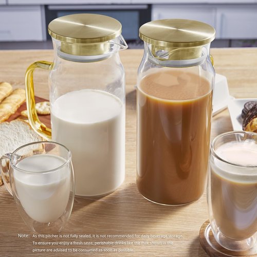 Bivvclaz 2 Liter 68 oz Gold Glass Pitcher with Lid and Handle, Glass Carafe for Hot/Cold Water, Large Iced Tea Pitcher for Coffee, Juice and Homemade Beverage