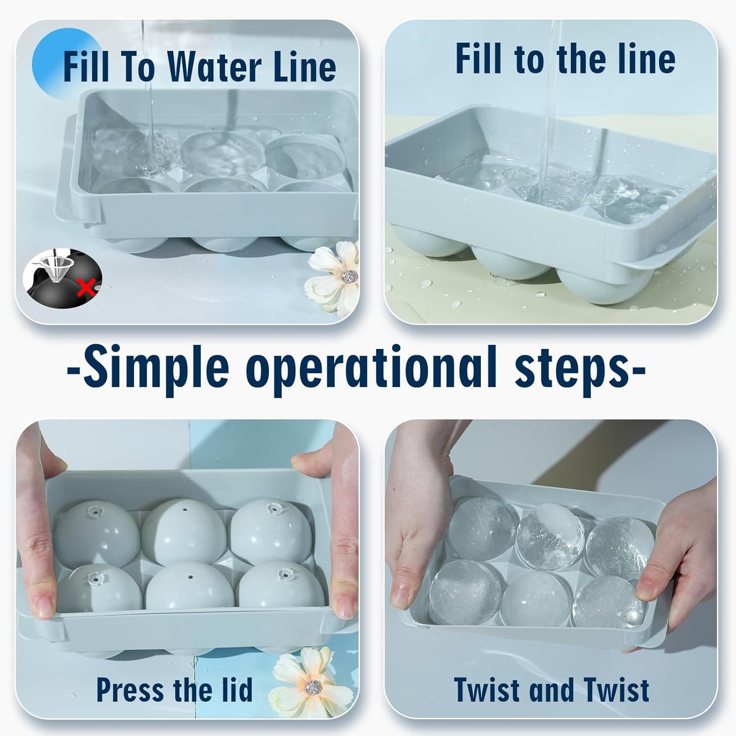 Large Ice Ball Maker - 2.5" Round Ice Cube Mold for Whiskey & Cocktails | 8 Sphere Ice Balls with Tray & Tongs