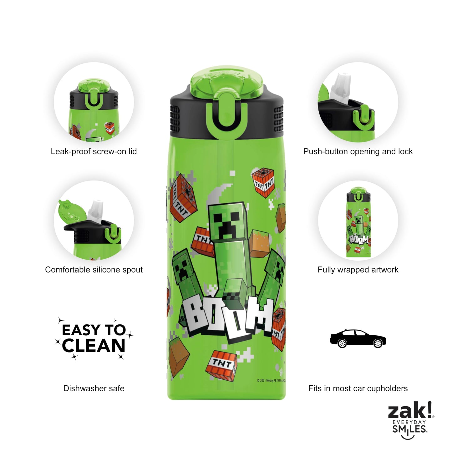 Zak Designs Minecraft Water Bottle For School or Travel, 25 oz Durable Plastic Water Bottle With Straw, Handle, and Leak-Proof, Pop-Up Spout Cover (Creeper)
