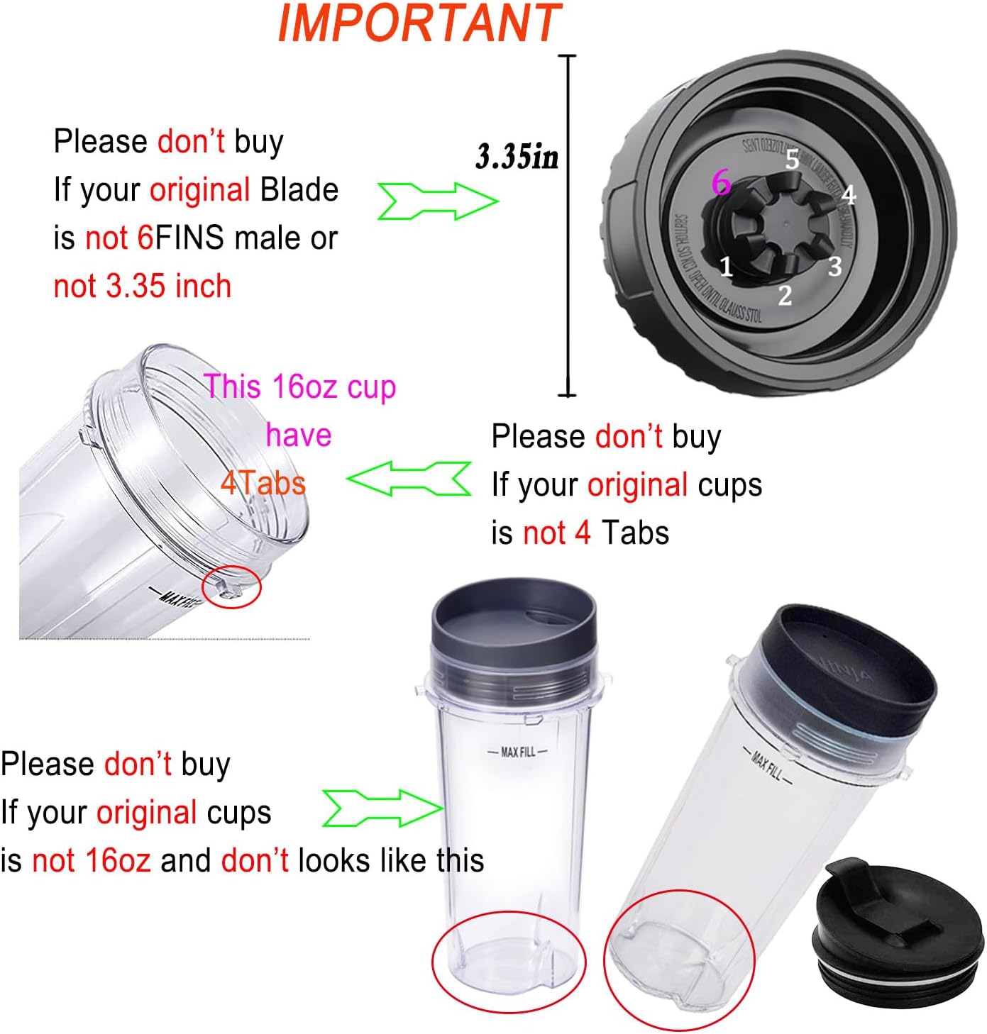 Nutri Ninja Replacement Parts - 6-Fin Blender Male Blade & Cup Set | Compatible with BL660, BL770, BL780, BL740 (5-Pack)