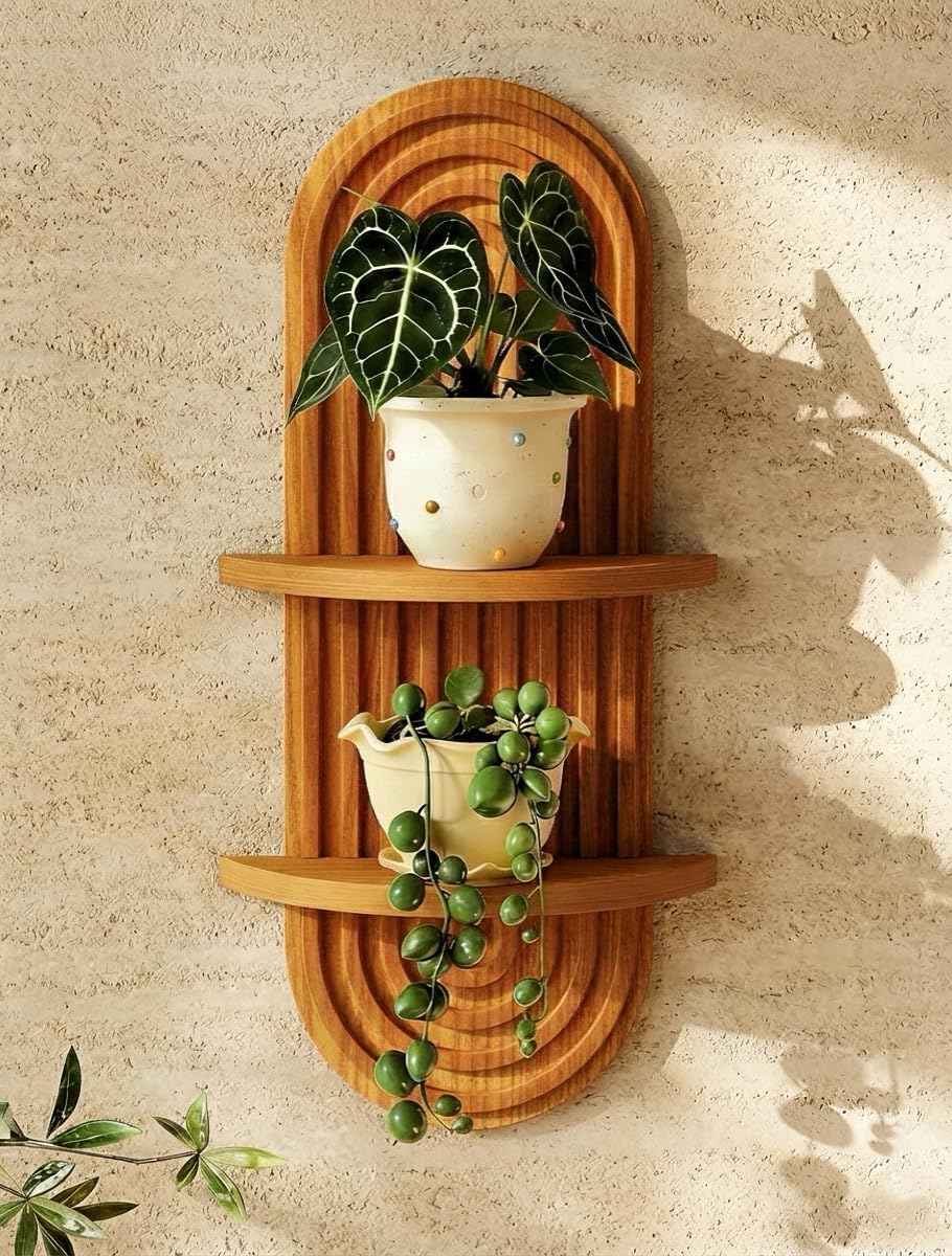 Bamworld Boho Wall Decor - 2-Tier Brown Plant Wall Shelf | Mid-Century Modern Floating Shelf 16.7in